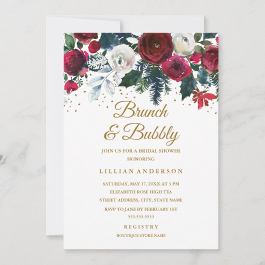 Bourgogne Gouden Bloemen Kerstbrunch en bubbels Kaart (Voorkant)