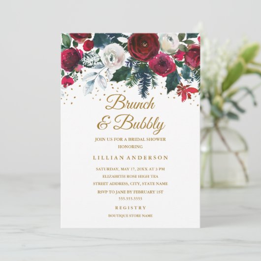 Bourgogne Gouden Bloemen Kerstbrunch en bubbels Kaart (Staand voorkant)