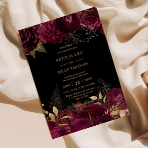 Bourgogne Gouden Bloemen Rozen bruiloft Kaart