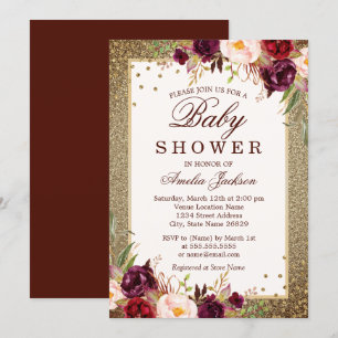 Bourgogne Gouden Bloemen Sparkle Baby shower Kaart