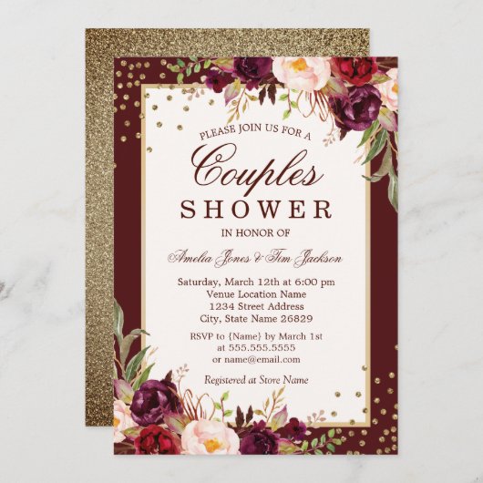 Bourgogne Gouden Bloemen Sparkle Couples Douche Kaart (Voorkant / Achterkant)