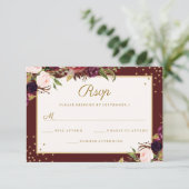 Bourgogne Gouden Bloemen Sparkle RSVP Kaartje (Staand voorkant)