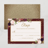 Bourgogne Gouden Bloemen Sparkle RSVP Kaartje (Voorkant / Achterkant)