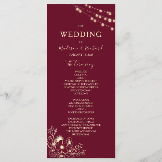 Bourgogne Gouden Bloemen Trouwprogramma Kaart (Voorkant)