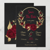 Bourgogne & Gouden Bloemkrans Zwart Save The Date (Voorkant / Achterkant)