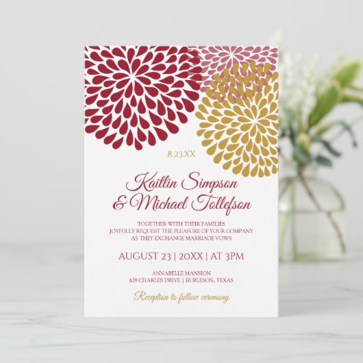 Bourgogne & Gouden bruiloft uitnodigingen | Bloeme (Staand voorkant)