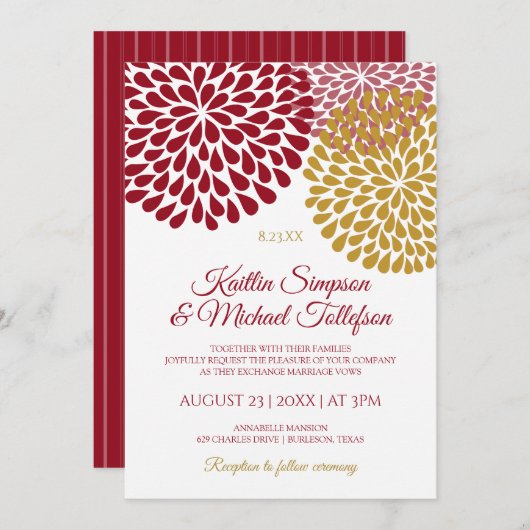 Bourgogne & Gouden bruiloft uitnodigingen | Bloeme (Voorkant / Achterkant)