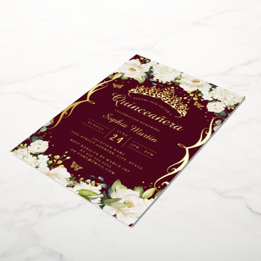 Bourgogne Gouden Champagne Bloemen Scroll Quincean Folie Uitnodiging (Gedraaid)