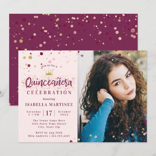 Bourgogne & Gouden Confetti Quinceañera met Afbeel Kaart (Voorkant / Achterkant)