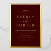 Bourgogne & Gouden Elegantie Bruiloft Gouden Folie Uitnodiging (Voorkant)