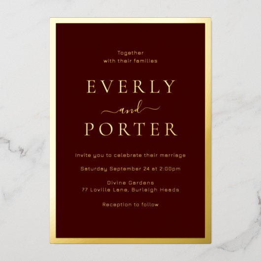 Bourgogne & Gouden Elegantie Bruiloft Gouden Folie Uitnodiging (Voorkant)