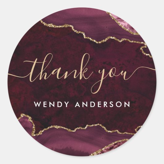 Bourgogne Gouden Glitter Agaat Geode Naam Dank u Ronde Sticker (Voorkant)