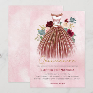 Bourgogne gouden glitter Floral Jurk Quinceañera Kaart