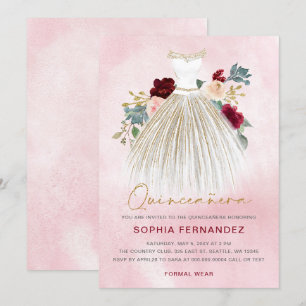 Bourgogne gouden glitter Floral Jurk Quinceañera Kaart