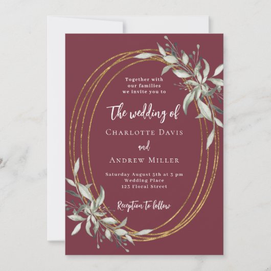 Bourgogne gouden groen bruiloft kaart (Voorkant)