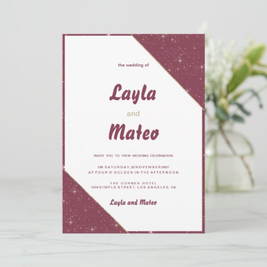 Bourgogne gouden hart sparkle glitter bruiloft kaart (Staand voorkant)