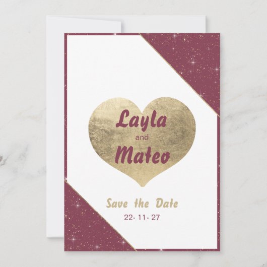 Bourgogne gouden hart sparkle glitter Save the Dat Kaart (Voorkant)