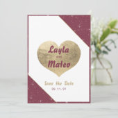 Bourgogne gouden hart sparkle glitter Save the Dat Kaart (Staand voorkant)