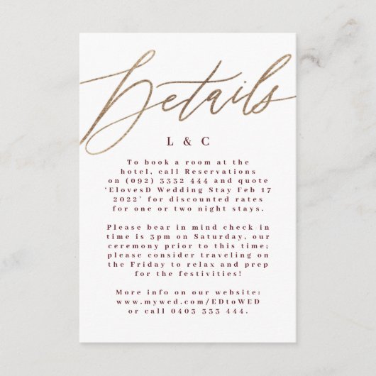 Bourgogne & Gouden Herfst Kalligrafie Bruiloft Det Informatiekaartje (Voorkant)