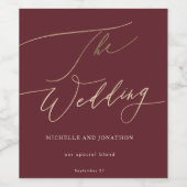 Bourgogne & Gouden Herfst Kalligrafie Bruiloft Wijn Etiket (Enkel label)