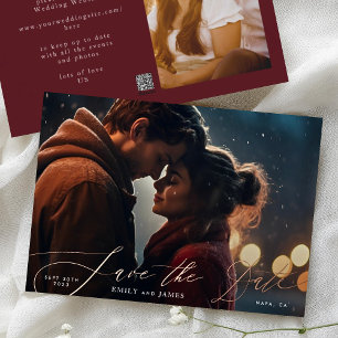 Bourgogne & Gouden Herfst Kalligrafie Trouwfoto Folie Uitnodiging