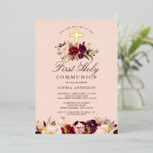 Bourgogne Gouden Kruis Meisjes Eerste Communie Folie Uitnodiging (Staand Voorkant)