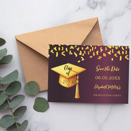 Bourgogne gouden pet confetti Graduation Party Save The Date