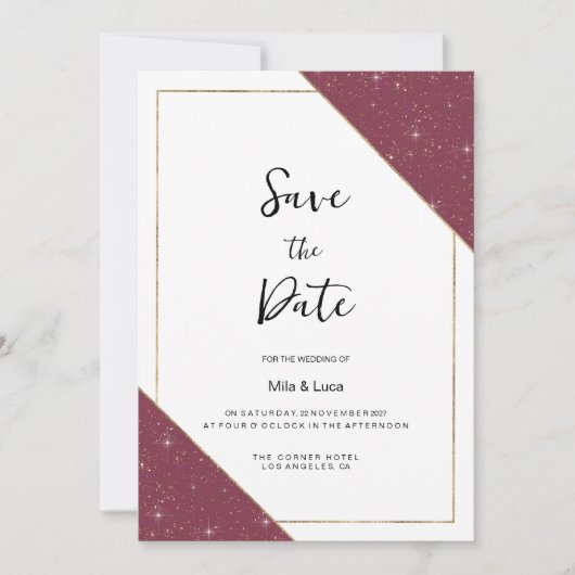 Bourgogne gouden schittering glitter Save the Date Kaart (Voorkant)
