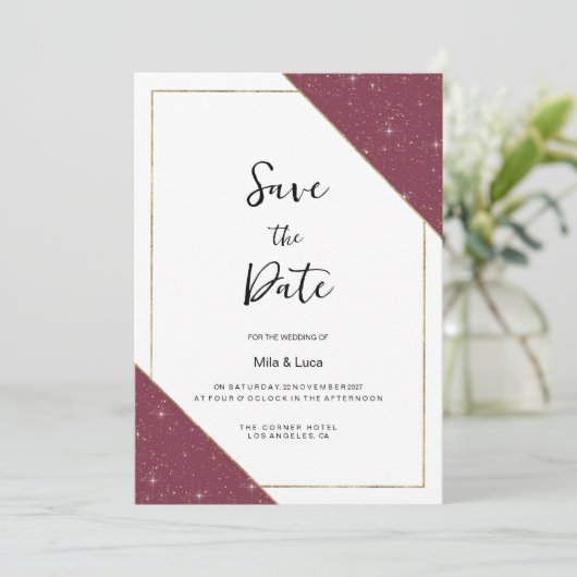 Bourgogne gouden schittering glitter Save the Date Kaart (Staand voorkant)