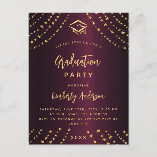 Bourgogne gouden sterren afstudeerfeest modern jaa uitnodiging briefkaart (Voorkant)