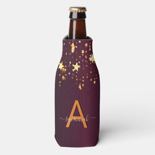 Bourgogne gouden sterren partij monogram naam flesjeskoeler (Fles Voorkant)