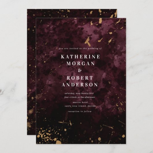 Bourgogne Gouden Strooiingen Bruiloft Uitnodiging (Voorkant / Achterkant)