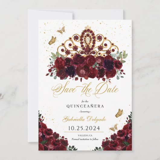Bourgogne & Gouden Tiara Bewaar de datum Quinceañe Kaart (Voorkant)