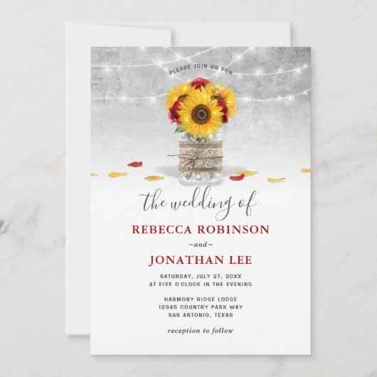 Bourgogne Grijs Rood Rose Zonnebloem Rustieke Brui Kaart (Voorkant)