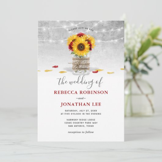 Bourgogne Grijs Rood Rose Zonnebloem Rustieke Brui Kaart (Staand voorkant)