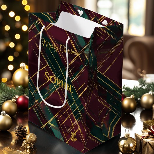 Bourgogne, groen en goud Abstracte Plaid Christmas Medium Cadeauzakje