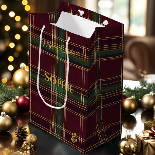 Bourgogne, Groen, Goud & Geplaagd Kerstmis Custom Medium Cadeauzakje