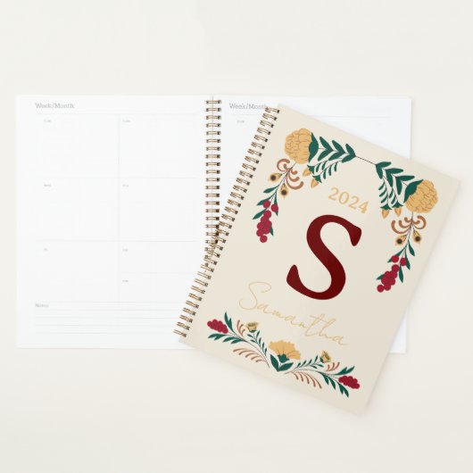 Bourgogne Groen Gouden Bloem Versierd Initiaal Planner (Display)