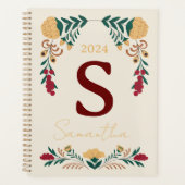 Bourgogne Groen Gouden Bloem Versierd Initiaal Planner (Voorkant)