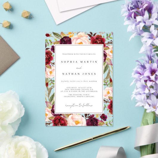 Bourgogne Groene Bloemblad Modern Clear Wedding Acryl Uitnodigingen (Insitu (Huwelijk))