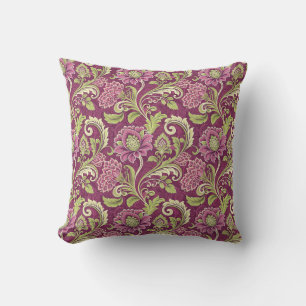Bourgogne & Groene Bloemen Damask Kussen