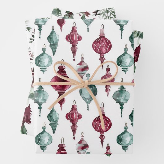 Bourgogne Groene Kerst Ornamenten Bomen Sneeuwvlok Inpakpapier Vel (In situ)