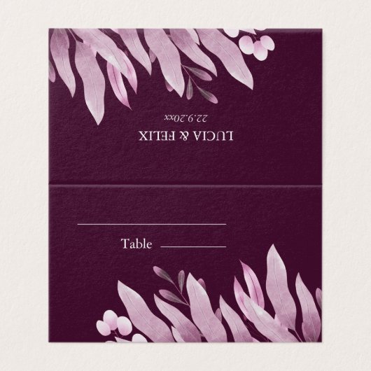Bourgogne grote bladeren bruiloft plaats kaarten (Buitenkant ongevouwen)