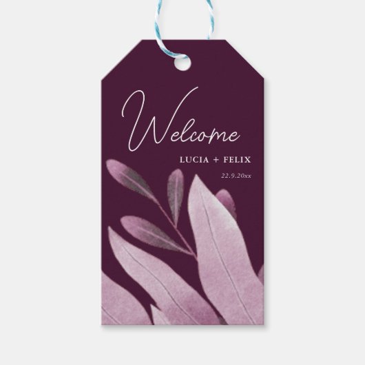 Bourgogne grote bladeren bruiloft welkom cadeaulabel (Voorkant)