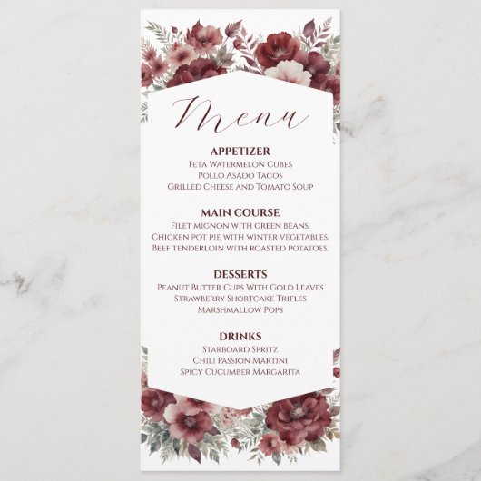 Bourgogne Herfst Bloemen Waterverf Bruiloft Menu (Voorkant)