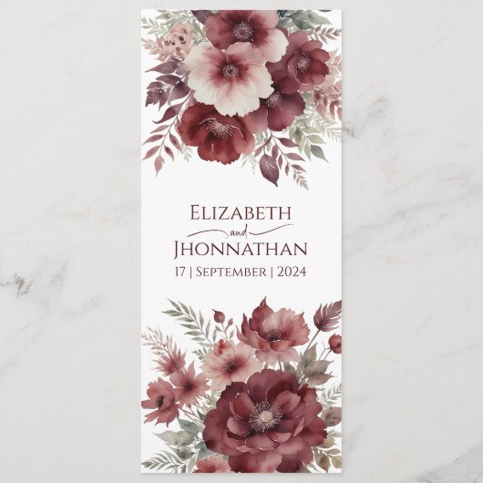 Bourgogne Herfst Bloemen Waterverf Bruiloft Menu (Achterkant)