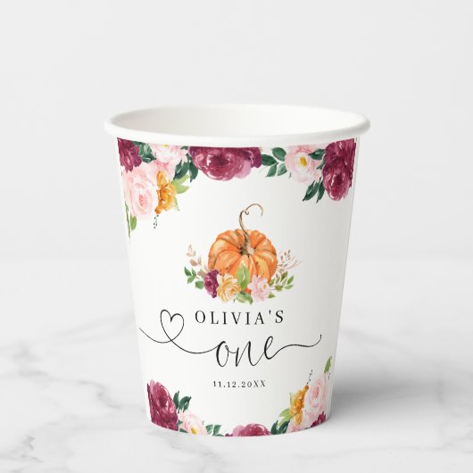 Bourgogne herfst bloemenpompoen 1e verjaardag papieren bekers (Achterkant)