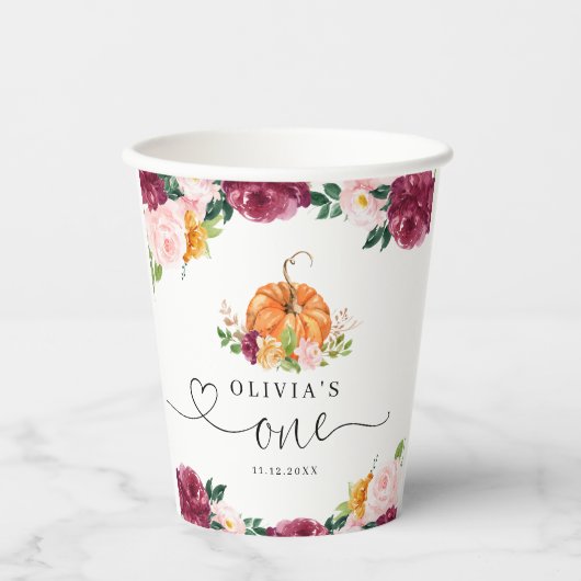 Bourgogne herfst bloemenpompoen 1e verjaardag papieren bekers (Voorkant)