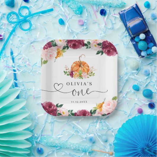 Bourgogne herfst bloemenpompoen 1e verjaardag papieren bordje (Feest)