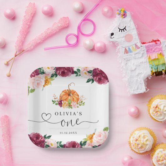 Bourgogne herfst bloemenpompoen 1e verjaardag papieren bordje (Feest)